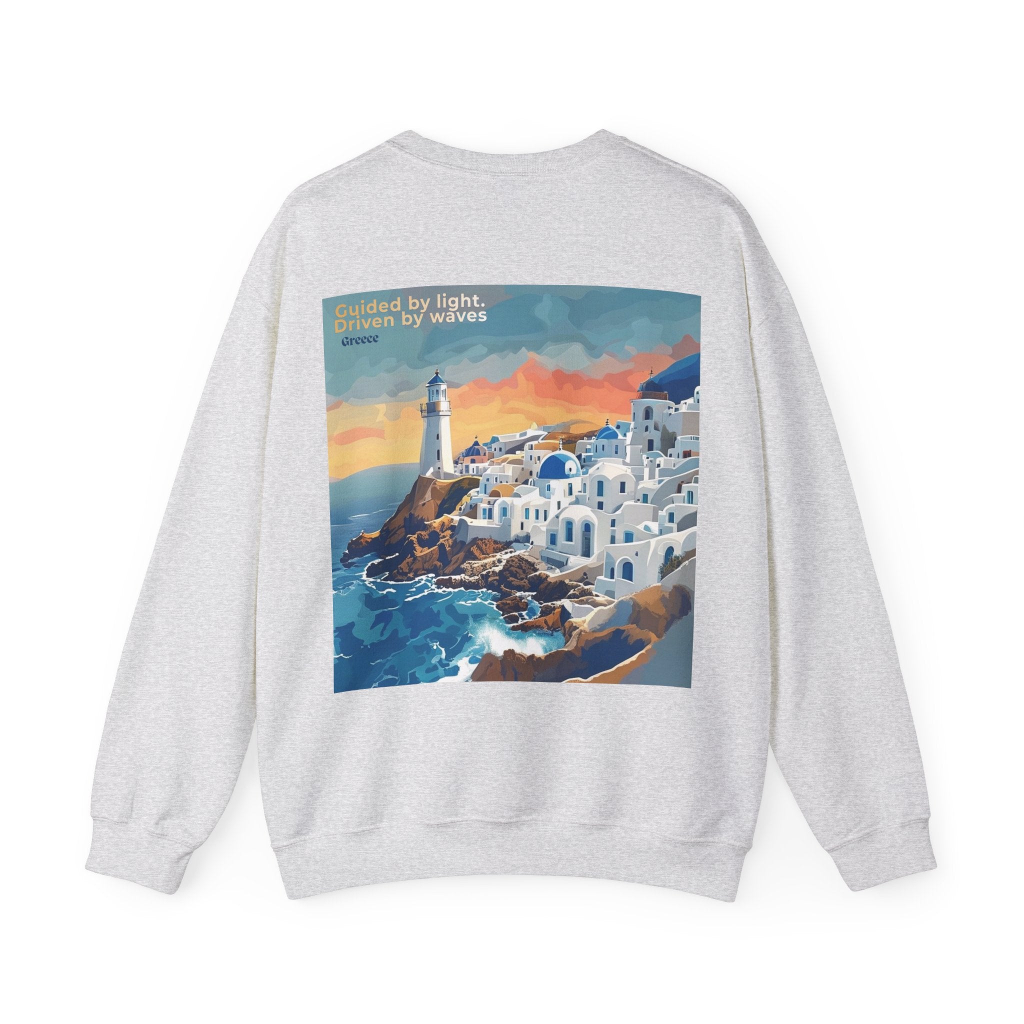 Guided by Light. Driven by waves. Coastal village Crewneck Sweatshirt | Greece Travel Poster